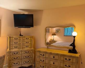 Vintage 1960 French Provencial Bedroom Set High Boy Dresser and ling dresser with mirror