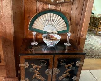 Vintage Asian-inspired black lacquer accent cabinet featuring hand-painted tiger motifs