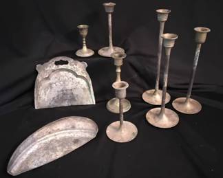 Brass Candle holders And Silver Silent Butler