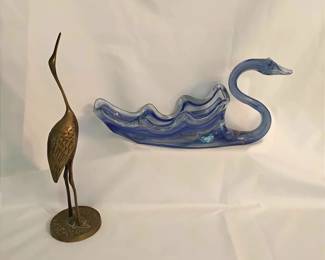 Blown Glass Swan And Brass Statue