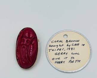 Carved Red Coral Pin with Gold Mount