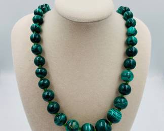 Malachite Beaded Necklace with Green Spacer Beads and Metal Clasp