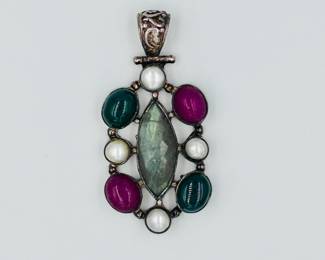 Sterling Silver Pendant with Labradorite, Pearl, Green, and Pink Cabochons