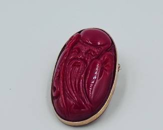Carved Red Coral Pin with Gold Mount