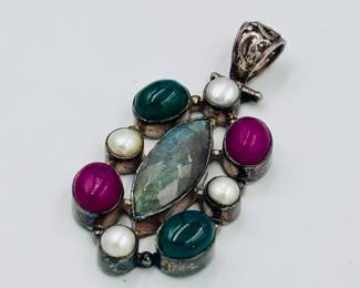 Sterling Silver Pendant with Labradorite, Pearl, Green, and Pink Cabochons