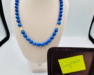 Lapis Lazuli Bead Necklace with Gold-Tone Accents and Matching Stud Earrings