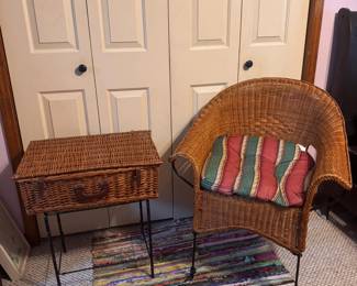 Wicker Storage Basket and Wicker Chair  Natural wicker chair with a colorful striped seat cushion, along with a rectangular wicker storage basket featuring a hinged lid. Both pieces are great for a bedroom, sunroom, covered porch, reading area, or extra storage.