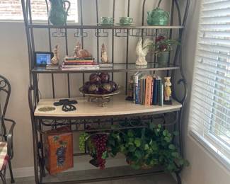 LARGE WROUGHT IRON AND STONE AND GLASS BAKERS RACK HAS IT ALL