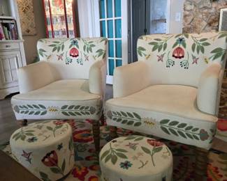 Upholstered & Embroidered Chairs with Round Ottomans