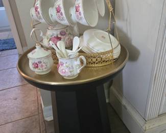 Black Accent Table with Gold Top. 2 Available. Tea Set Caddy