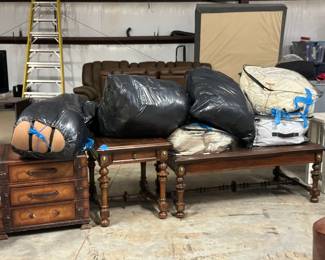 Coffee table, end tables, ans miscellaneous clothes