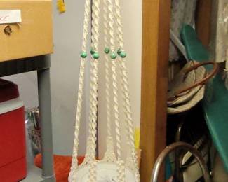 Vintage macrame plant hanger with ceramic accessories