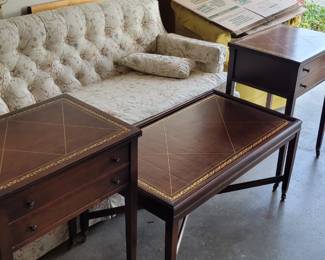 Vintage couch and three leather inlaid tables
