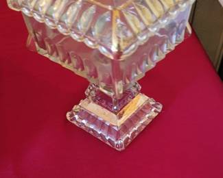 Clear press glass pedestal candy dish with lid