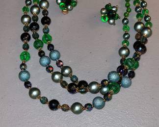 Mid-century vintage multi-strand matching necklace and clip on earring set from the 1950s and 60s