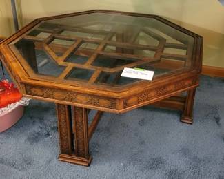 Mid-century Mediterranean style octagon glass top coffee table