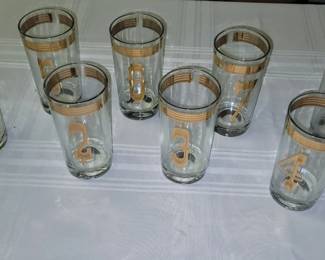 Midcentury modern gold numbered highball glasses