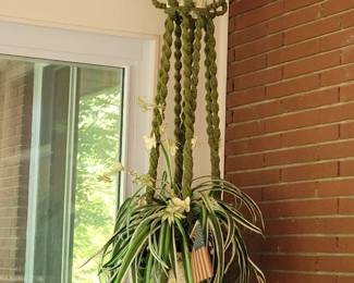 Vintage vintage Olive green macrame plant hanger with ceramic accents