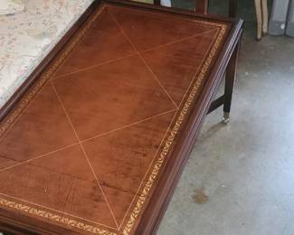 Vintage Leather-Top Coffee Table and two accent tables (often described as a Neoclassical, Federal-style, or Duncan Phyfe reproduction coffee/cocktail table).