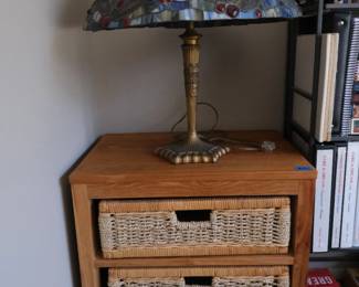 Tiffany lamp reproduction from the 1950s. Wicker drawers also for sale.
