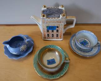 James Sadler, "The White Tower" teapot, Wedgewood Jasperware creamer w/saucer, Eberthal Bavaria porcelain teacup w/saucer.