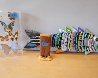Butterfly display, original 2002 Tuniton kaleidoscope by artist Henry Bergerson, and upcycled fish.