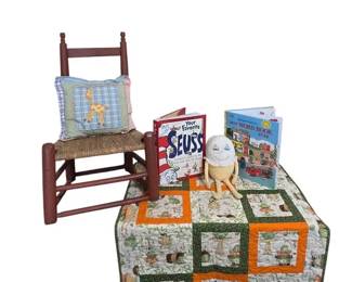 Handmade Quilt, Vintage Childs Ladder Back Chair with Woven Splint Seat and Books