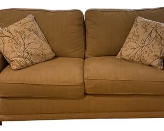 Traditional Beige Fabric Loveseat Sofa with Two Botanical Branch Accent Pillows