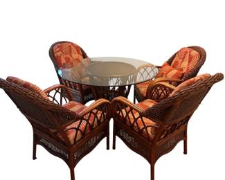 Rattan and Wicker Dining Set with Round Glass Top and Four Chairs