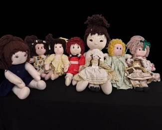 Vintage Handmade Cloth Rag Dolls With Yarn Hair