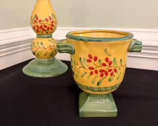 Vtg. Handpainted Yellow Floral Berries Vase Candlestick