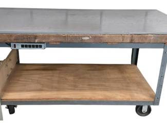 Rolling Metal Framed Workshop 2Tiered Table With Wood Top