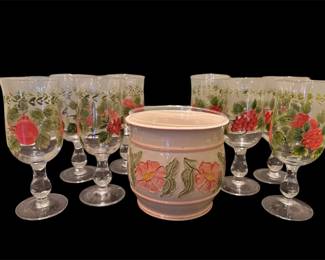 8 Stemmed HandPainted Wine Glasses WCeramic Pot