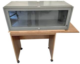 Vintage Industrial Glass Door Metal Cabinet With Rolling DropSide Stand