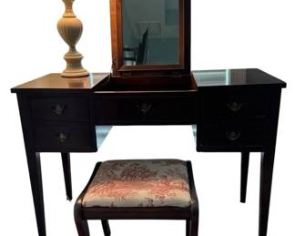 Vintage Wooden FlipTop Vanity Desk with BuiltIn Mirror Upholstred Seat
