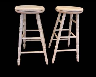 Two Ivory Colored Wooden Barstools With Swivel Tops