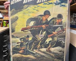 Original WWII “Attack Attack Attack—Buy War Bonds” poster with artwork by Ferdinand Warren, approximately 28" × 40".