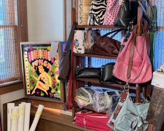Designer bags - Kate Spade and Tano - and a sweet pinball machine backglass