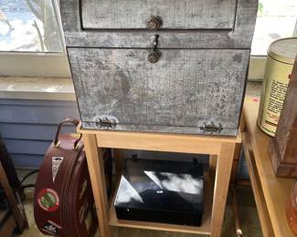 intage galvanized metal drawer cabinet, industrial storage and retro travel case.