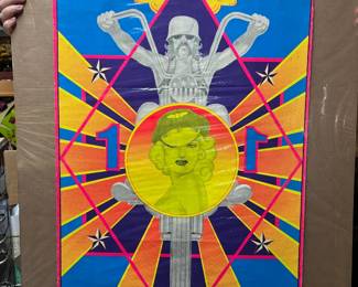 Vintage original fluorescent outlaw biker poster with motorcycle imagery.