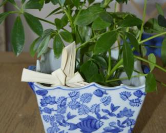 Blue and white planter with Koi fish