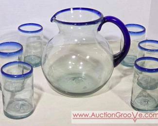 Hand Blown Glass Pitcher and 12 Cups