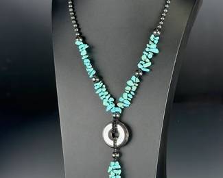 Southwestern Turquoise & Hematite Statement Necklace, Beaded Artisan Style