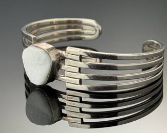 Vintage Mexican Sterling Silver White Quartz Druzy Cuff Bracelet Taxco A15
