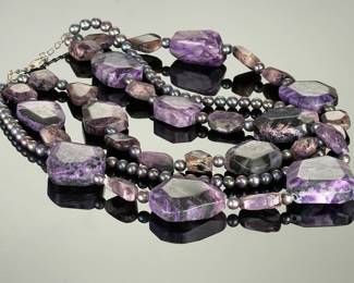 Charoite & Black Pearl Sterling Silver 3-Strand Statement Necklace