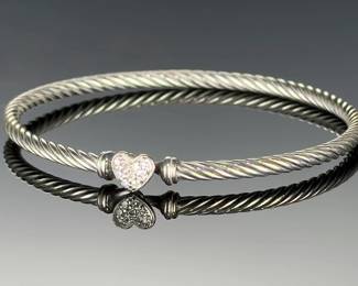 David Yurman Sterling Silver Diamond Pave Heart Cable Bracelet 6in 3mm
