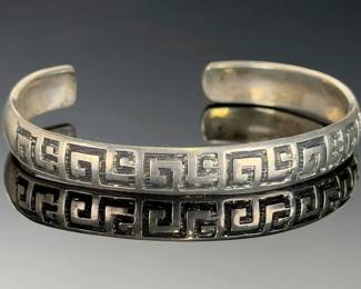 Vintage Mexican Sterling Silver Cuff Bracelet, Greek Key Pattern, Marked 925