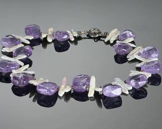 Chunky Amethyst & Biwa Baroque Pearl Statement Necklace 16" Organic Boho
