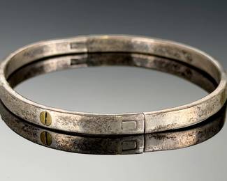 Vintage Mexican Sterling Silver Bangle Bracelet, Hinged, Screw Accents, TB-148, 925