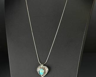 Navajo Sterling Silver Royston Turquoise Leaf Pendant Necklace 24" Italy 925